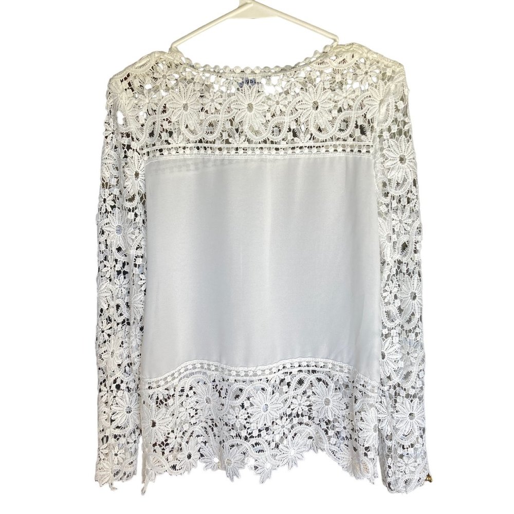 Onayaya Lined White Chiffon and Crochet Blouse, Size L